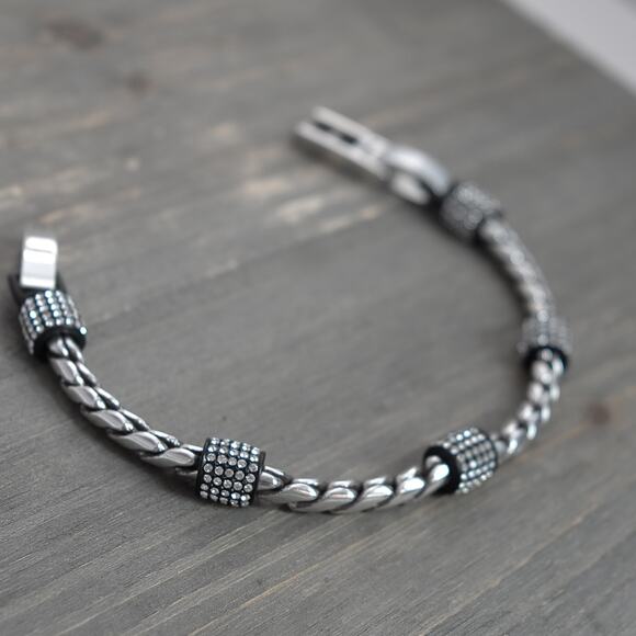 Brighton Meridian Chain Bracelet Silver Black Clear Crystals Fold Over Clasp 8" - Picture 2 of 8